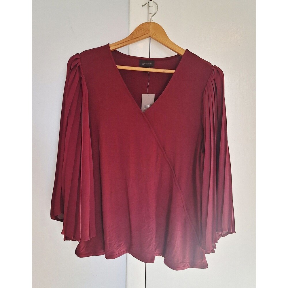 J Jill Wearever Top Womens Medium Burgundy Pleated Bell Sleeve Blouse V Neck